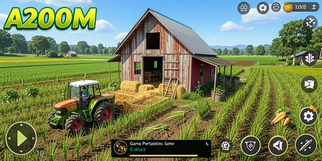 Screenshot gameplay A200M menunjukkan suasana bertani yang realistis dan menyenangkan.